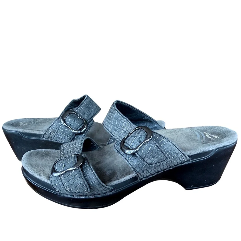 Dansko Sophie Gray Leather Embossed Buckle Slide Wedge Sandals EU 40 US 9.5-10